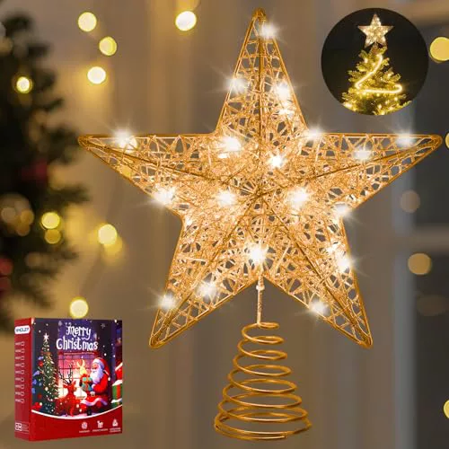 WHOLEV Estrella de Árbol de Navidad Oro Rosa, 25CM con 20 Luces LED