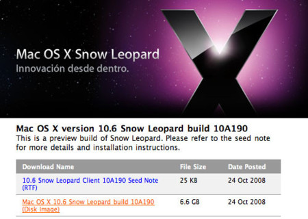 Apple envia a los desarrolladores una nueva versión de Mac OS X 10.6 Snow Leopard (10A190)