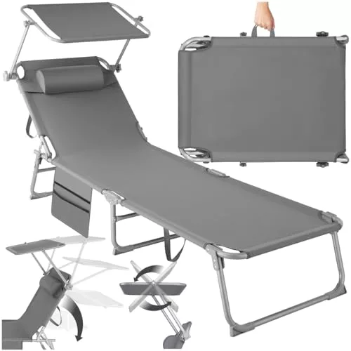 tectake® Tumbona Jardín Exterior de Acero, Tumbona Plegable con Reposacabezas, Parasol y Bolsillo Lateral, Tumbona Playa Reclinable 6 Posiciones, para Piscina Resistente a Intemperie - Gris