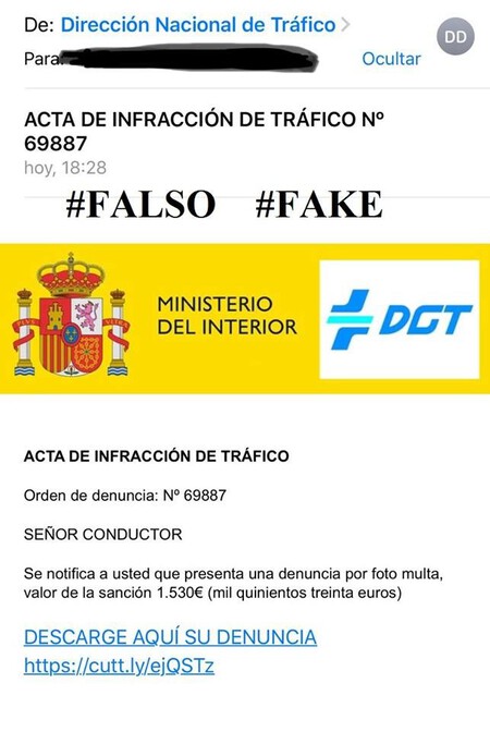 Notificación multa DGT falsa por correo electrónico