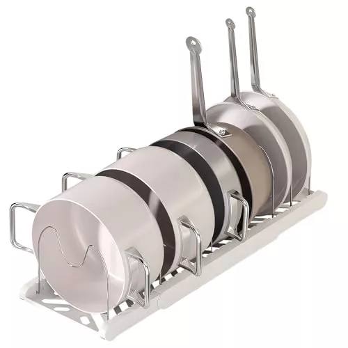 Ziyonix Organizador de Sartenes, Soporte Sartenes Expandible de Cocina con 7 Compartimentos Ajustables, Soporte Sartenes de Cocina para Ollas Tapas de Ollas Platos Tablas de Cortar (Blanco)