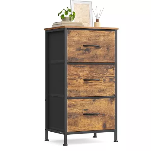 SONGMICS Cómoda, Cajonera con 3 Cajones de Tela, Acero | Estructura de Acero, para Dormitorio, Salón, Negro Tinta y Marrón Rústico, Colección BELLAH LGS313BH03