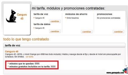 Captura del área de cliente de Orange
