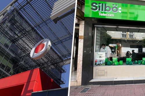Composición con foto del logo de Vodafone e imagen de tienda de Silbö Telecom
