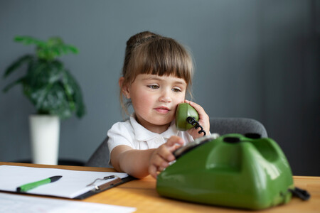 Portrait Cute Girl Talking Rotary Phone Office