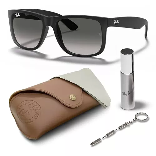 Ray-Ban RB4165 Justin Square, KIT DE GAFAS de sol | Estuche y kit de cuidado exclusivos | Matte Rubber Black/Light Grey