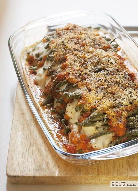 Lasaña de mozzarella y judías verdes gratinadas. Receta