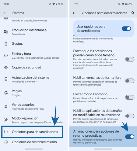 Activar Retorno Predictivo Android 14