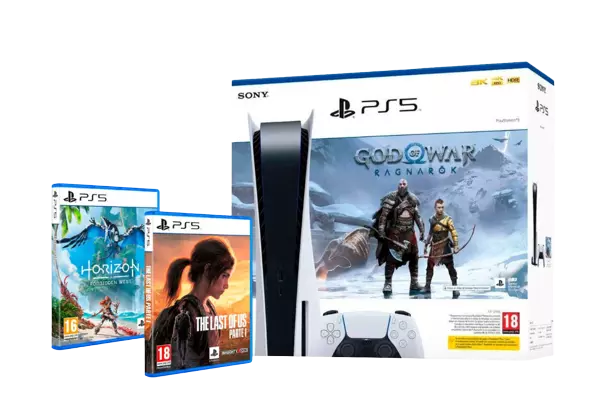 Consola PS5 (825GB) + Juego PS5 God Of War Ragnarok (formato digital) + Juego PS5 The Last of Us + Juego PS5 Horizon Forbidden West