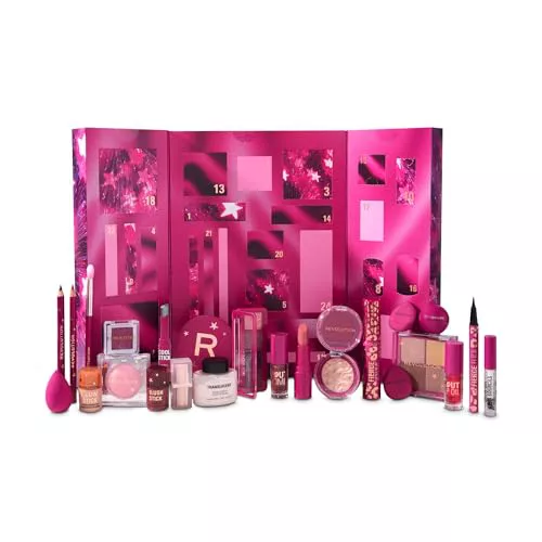 Revolution Calendario de Adviento de Maquillaje 2025, 24 Productos Imprescindibles, Set Regalo con Gloss, Iluminador, Colorete, Brochas y Máscara, Vegano y Libre de Crueldad Animal