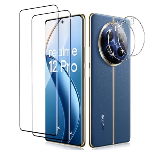 Liilaa Protector de Pantalla para Realme 12 Pro / 12 Pro+ / 12 Pro Plus 5G, 2 Piezas Cristal Templado y 2 Piezas Protector de Lente de Cámara, Anti Arañazos Dureza 9H Vidrio Templado