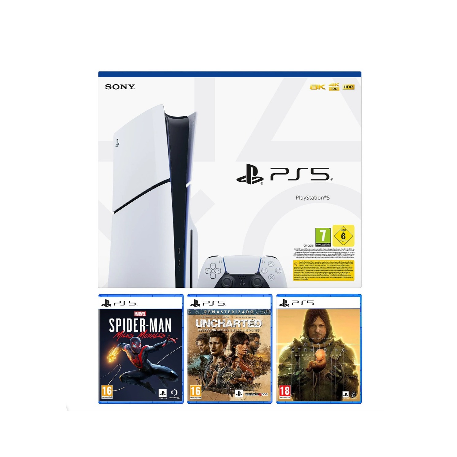 Consola - Sony PlayStation 5 Slim Standard, 1 TB SSD, 1 mando + 3 Juegos (Spider-Man: Miles Morales + Uncharted: Legado ladrones + Death Stranding)
