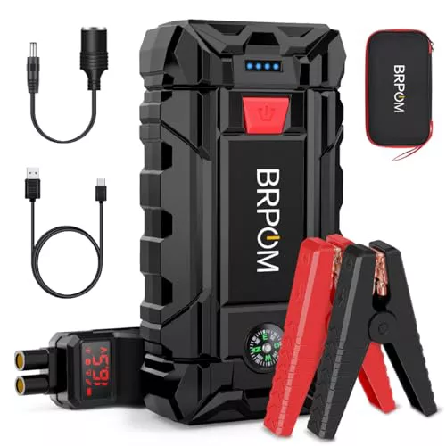 BRPOM Arrancador de Coches, 6000A 26800mAh Arrancador de Baterias de Coche 12V(para 10.0L de Gasolina o 8.0L de Diésel), Jump Starter con Carga Rápida QC3.0, Espera Larga