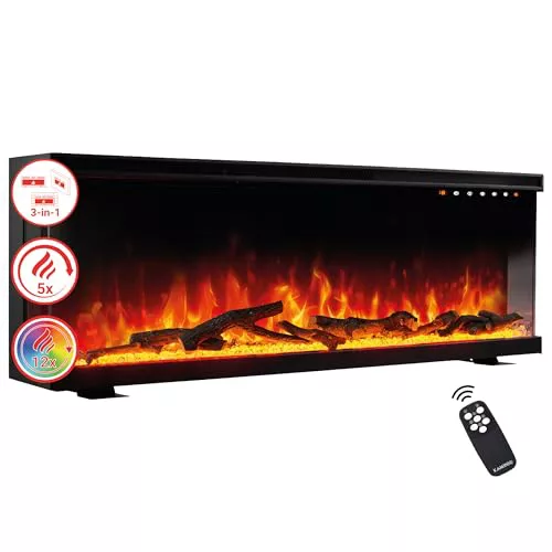 KAMINIO Eléctrica Chimenea Lea - Chimenea eléctrica 3 en 1 con Vista panorámica, calefacción, Efecto de Llama 3D, 12 Colores de Llama (60 Pulgada)