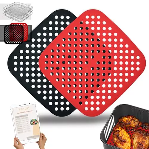 FRYUP® Alfombrillas Silicona Premium Freidora de Aire Cuadrada [21x21cm] [2 Unidades] - Compatible con COSORI y CECOTEC - 4,7L, 5,5L, 6,4L - Silicona Air Fryer - Accesorios Freidora Sin Aceite