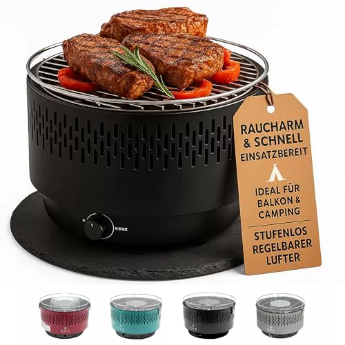 SOUK ONE Barbacoa de mesa con ventilación activa, barbacoa de carbón vegetal con ventilador, barbacoa de camping barbacoa exterior (negro)