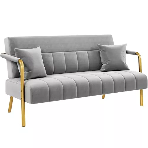 Yaheetech Sofá de 2 Plazas con Reposabrazos, Sofá de Tela de Terciopelo con Cojines Muy Cómodos, Soporta 272kg, para Salón, Dormitorof o Apartamento Pequeño, Gris Claro