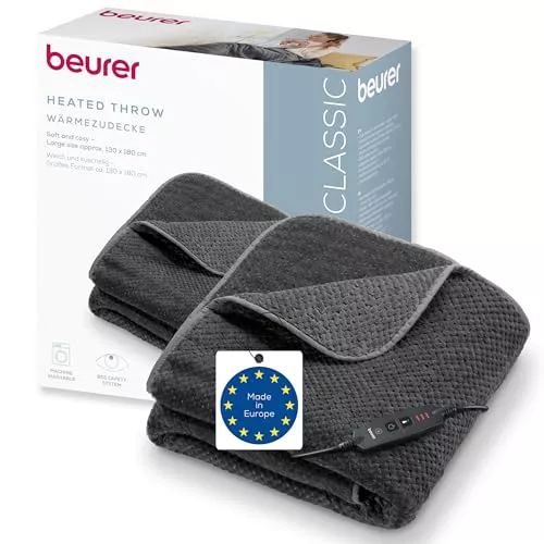 Beurer HD 65 manta eléctrica, manta térmica acogedora de material suave con 3 niveles de temperatura, con apagado automático y sistema de seguridad, lavable a máquina a 30 °C, made in Europe, gris