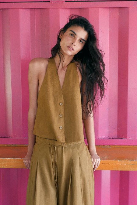 Trajes Lino Chaleco Zara Oficina Trabajo Primavera Verano Elegante Conjunto Monocolor