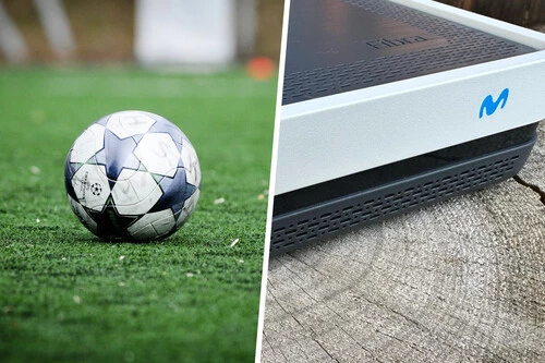 Composición con foto de un balón de fútbol e imagen de un router de Movistar