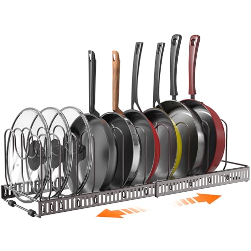 Puricon Organizador de Sartenes, Ollas y Tapas, Soporte Sartenes para Armario, 10 Compartimentos Solución de Almacenamiento Flexible para Espacio Limitado en La Cocina -Marrón
