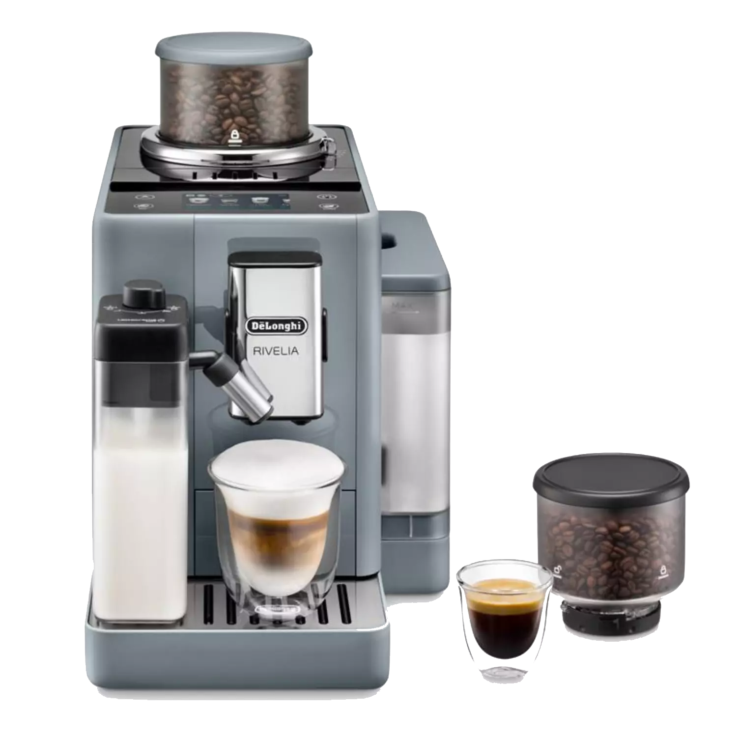 Cafetera superautomática - De'Longhi Rivelia EXAM440.55.G, 1450W, 19 bar, Molinillo integrado, LatteCremaHot, Depósito leche, Táctil, 16 recetas, Gris
