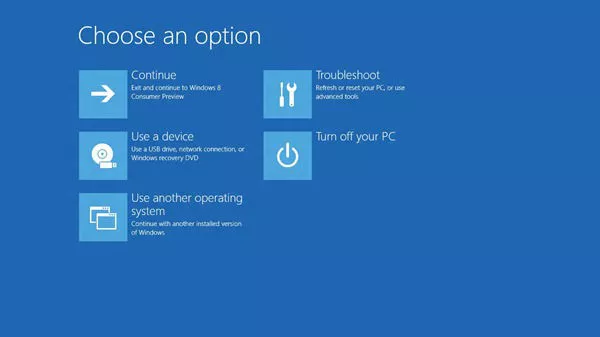 Menú de opciones de arranque de Windows 8