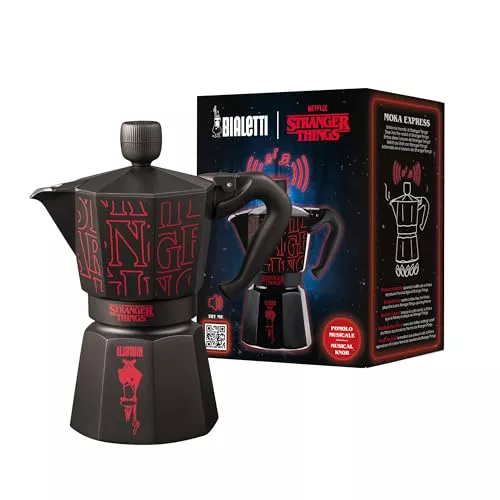Bialetti Moka Express Stranger Things – Cafetera italiana 6 tazas (270 ml), pomo musical con carga USB-C, no apta para inducción, negra