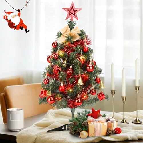 Aigostar Árbol de Navidad con Luces Incorporadas 30 Leds, Árbol de Navidad Pequeño 60cm con 42 Adornos Colgantes, Ideal para la Decoración Navideña del Interior del Hogar