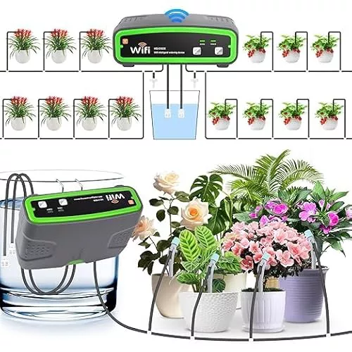 GuKKK Kit de Riego Automático WiFi con Bomba Doble, Sistema de Goteo, Modo de Riego Automático/Manual/Retardado Mediante Aplicación para Jardín/Plantas de Balcón/Plantas en Interior
