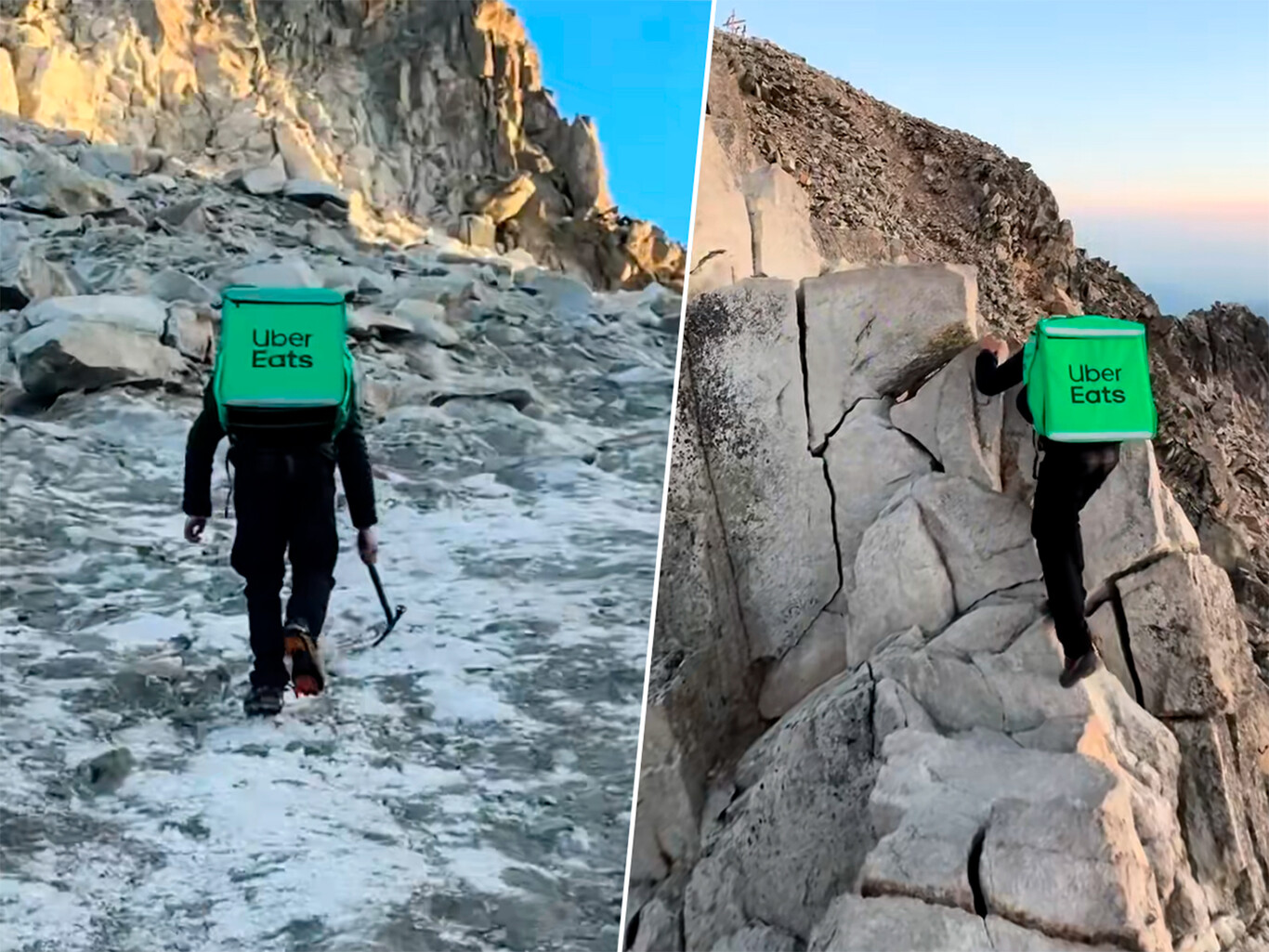 Allan Montagné en la cumbre del Aneto llevando una mochila isotérmica de Uber Eats con pizzas