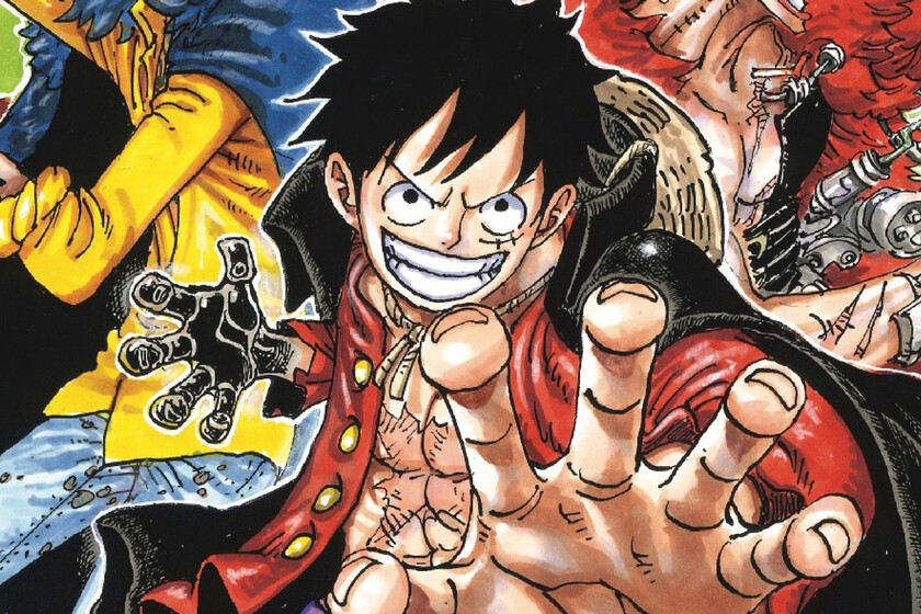 Nike Air Max Plus sneakers inspired by One Piece Devil Fruits alongside manga volumes
