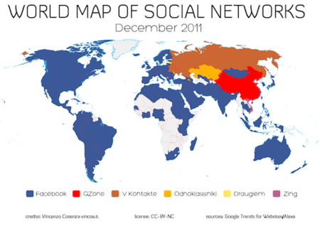 Mapa de las redes sociales en el mundo, o cómo Facebook está acabando con las redes sociales locales