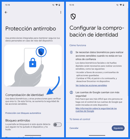 Capturas de pantalla mostrando la función 'Comprobación de identidad' en Android 15