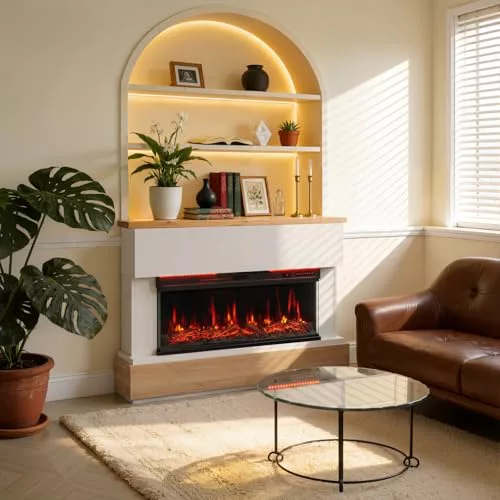 HOMAVO 36" Chimenea Eléctrica con Calefacción, 1000W/2000W Chimenea Decorativa, 12 Colores de Llama 3D, Control Remoto, Incluido Mueble Chimenea, con Tira de LED