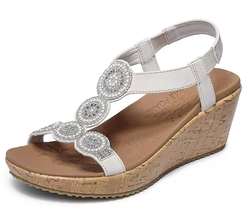 Skechers BEVERLEE DATE GLAM, Sandalias para Mujer, Off White Duraleather/ Clear Rhinestone, 35 EU