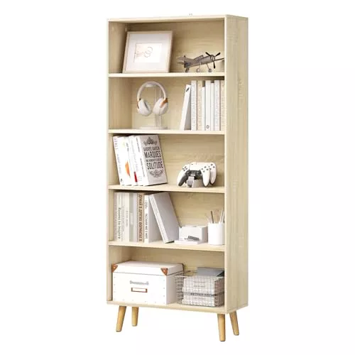 WOLTU Estanteria de Almacenamiento 5 Niveles, Libreria para Estudio, Estanteria para Salón, Dormitorio y Oficina, 60x24x144 cm, Roble Claro