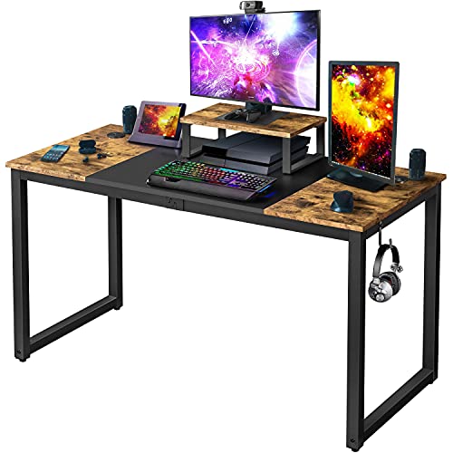 Yaheetech Mesa Escritorio con Soporte Monitor Mesa de Ordenador de Estilo Industrial Escritorios de Oficina Estudio con 2 Ojales para Cables/Gancho Marrón Rústico 140x60x89cm