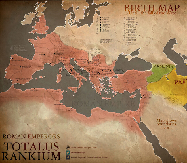 The map illustrating where all roman emperors were born and died bullfrag