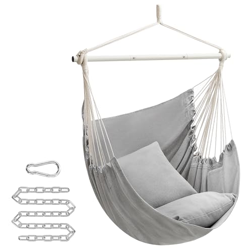 SONGMICS Silla Hamaca, Silla Colgante Grande con 2 Cojines, Silla Colgante con Cadena, Capacidad de Carga 150 kg, para Interior, Exterior, Salón, Dormitorio, Gris Paloma GDC197G01