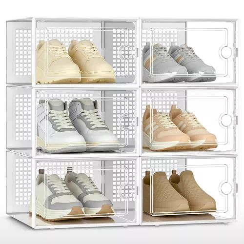 JUPPLIES Cajas de Zapatos Transparentes - Zapatero Plastico Apilable con Apertura Frontal, Ventilación y Sistema Antivuelco, Organizador de Zapatos con Montaje Fácil sin Herramientas (Pack de 6)