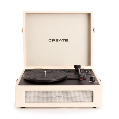 CREATE/Record Player Retro/Tocadiscos Retro Blanco Roto/Diseño Vintage, Bluetooth, USB, SD, MicroSD,Mp3, Sonido estéreo, 3 velocidades de reproducción, para Todo Tipo de vinilos