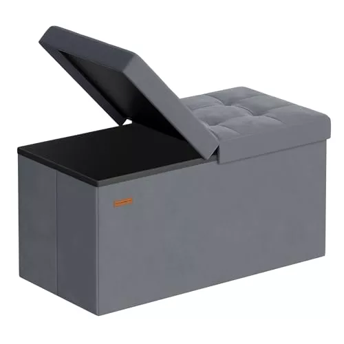 SONGMICS Puff Almancenaje, Banco Almacenaje Plegble, 38 x 76 x 38, Tapa Abatible, Taburete con Reposapiés, Carga 300 kg, Entrada, Salón, Dormitorio, Tela de Terciopelo, Gris Pizarra LSF048GN01