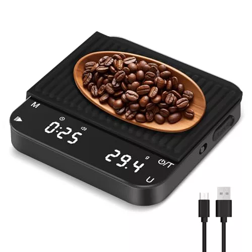 Gaethra Balanza Digital para Café con Temporizador, 2kg/0,1g Alta Precisión, 6 Unidades de Medida, Tara Automática, Báscula de Café Mini Recargable para Espresso y Filtro