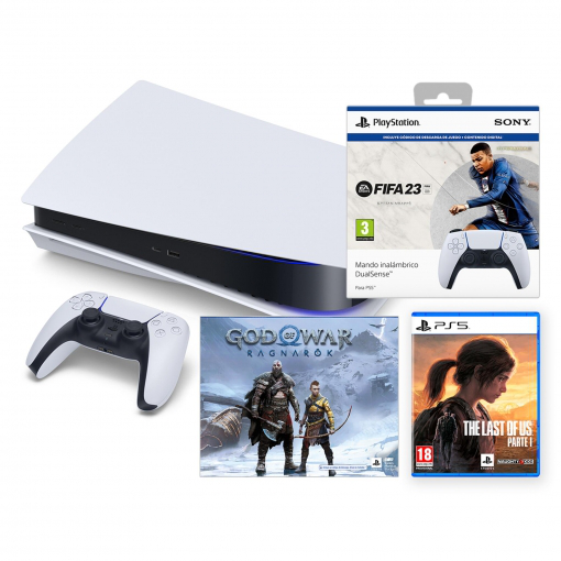 Playstation 5 Estándar 825GB con God Of War Ragnarok (Digital) + 2º Mando Dualsense blanco con FIFA 23 (Digital) + The Last of Us Parte I