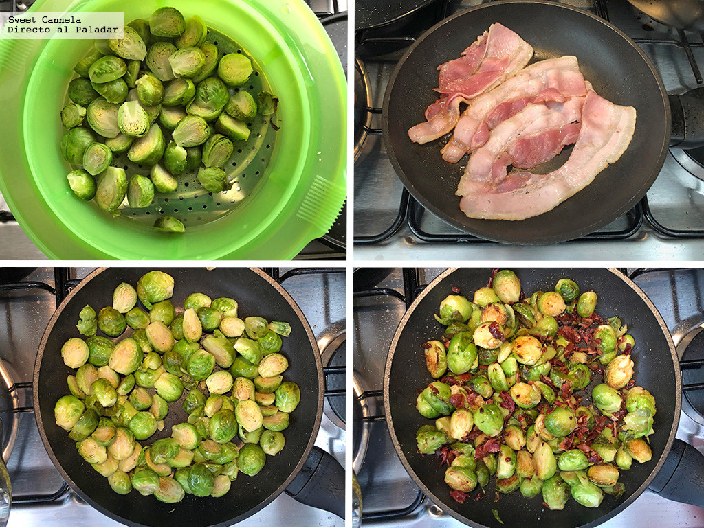 Ensalada de coles de Bruselas con tocino y aderezo de mostaza. Receta