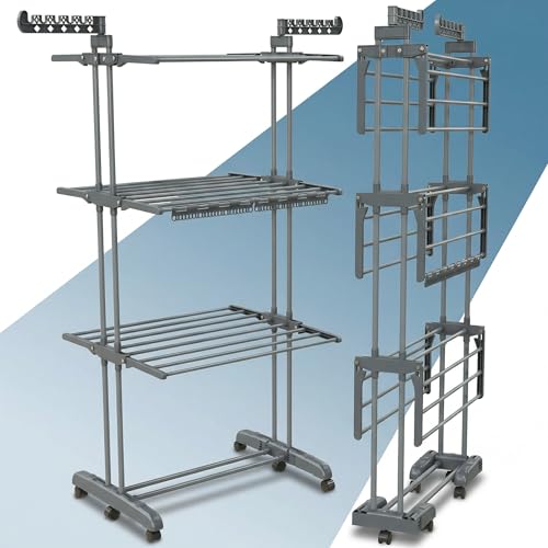 PORTENTUM Tendedero Vertical Plegable con 4 Niveles y 24 Barras de Secado – hasta 40 kg – Tenderete con 2 Accesorios para Calcetines y 2 alas Laterales para Perchas – Ruedas giratorias con Freno