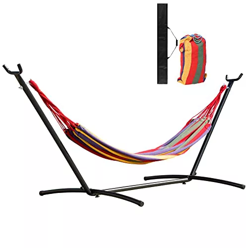 Outsunny Hamaca con Soporte de Acero Hamaca para Jardín Portátil con Altura Ajustable en 6 Niveles y Bolsa de Transporte para Patio Carga 120 kg 200x150 cm Multicolor