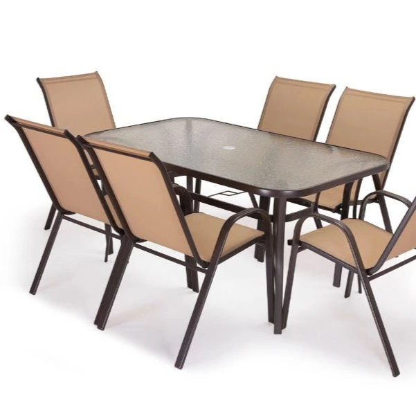 Mesa de Cristal Templado HC + 6 Sillas. Muebles de Jardin y Terraza, Marron
