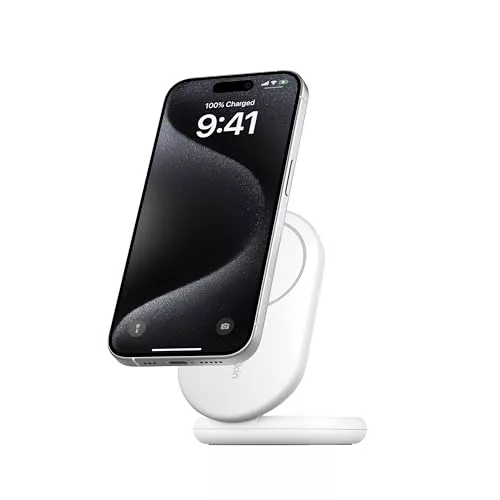 Belkin BoostCharge Cargador Inalámbrico con Qi2, Soporte Magnético Plegable 15W, Compatible con MagSafe, Cargador rápido portátil, admite Modo Standby, para iPhone 17, 16, 15, 14 y 13 - Blanco